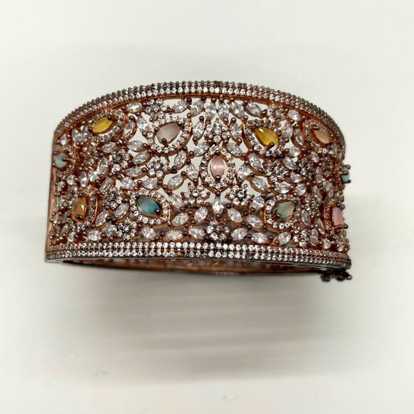 Vintage Filigree Hinge Bracelet Rose Gold-tone Rhinestones Safety Clasp - Picture 4 of 16